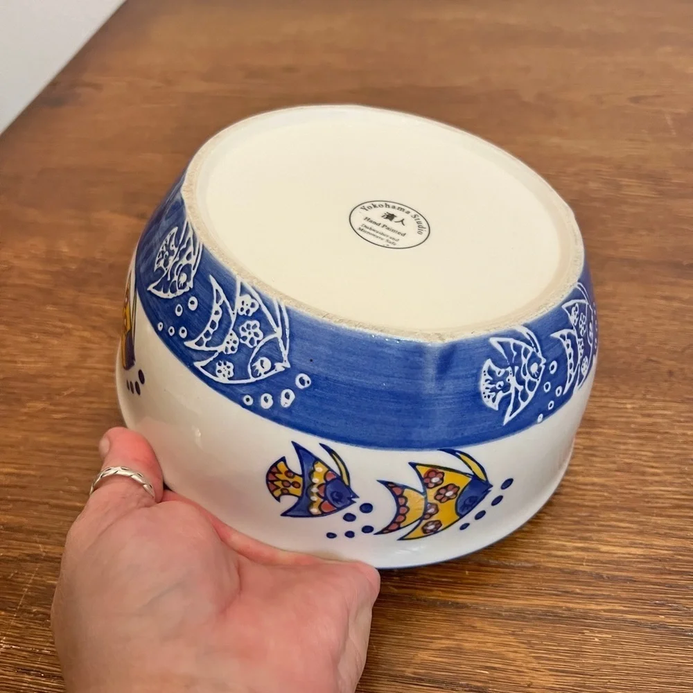 Yokohama Studio Hand-Painted Fish Bowl – Blue & Yellow Ceramic Coastal Décor